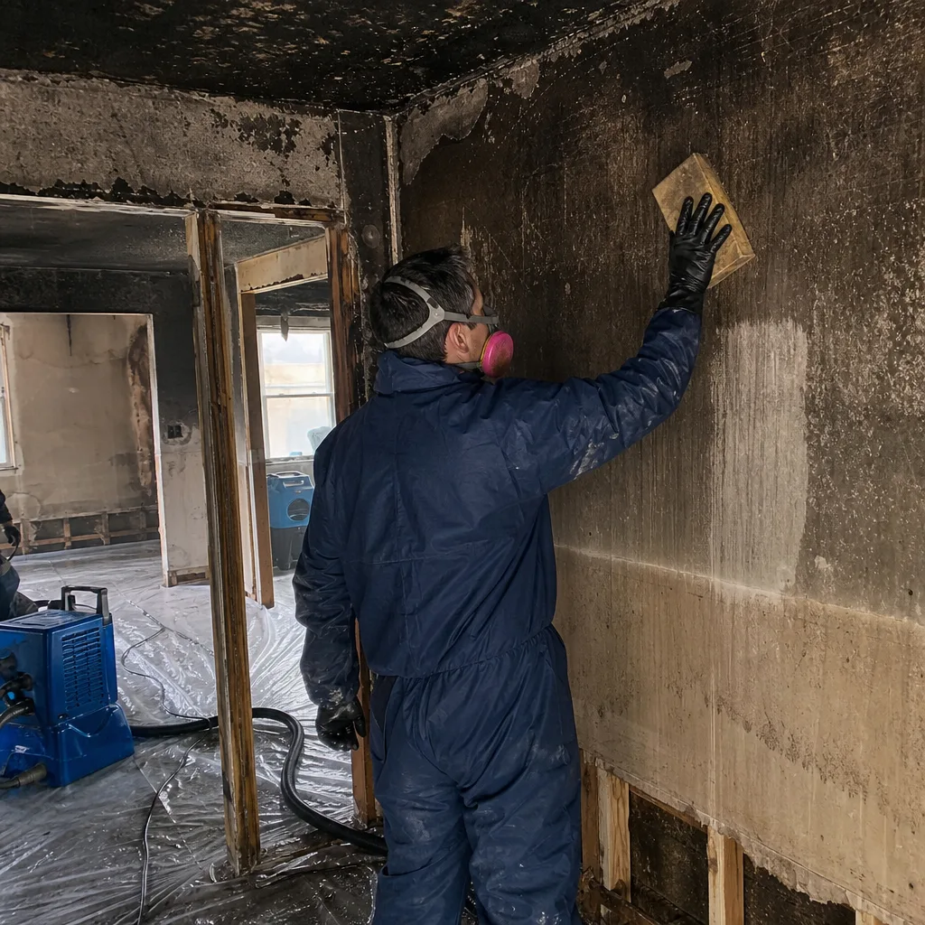 Professional cleaning smoke damage from a wall after a fire