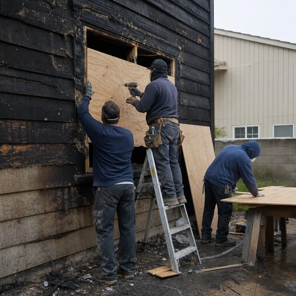 Restoration professionals boarding up a building after fire damage.