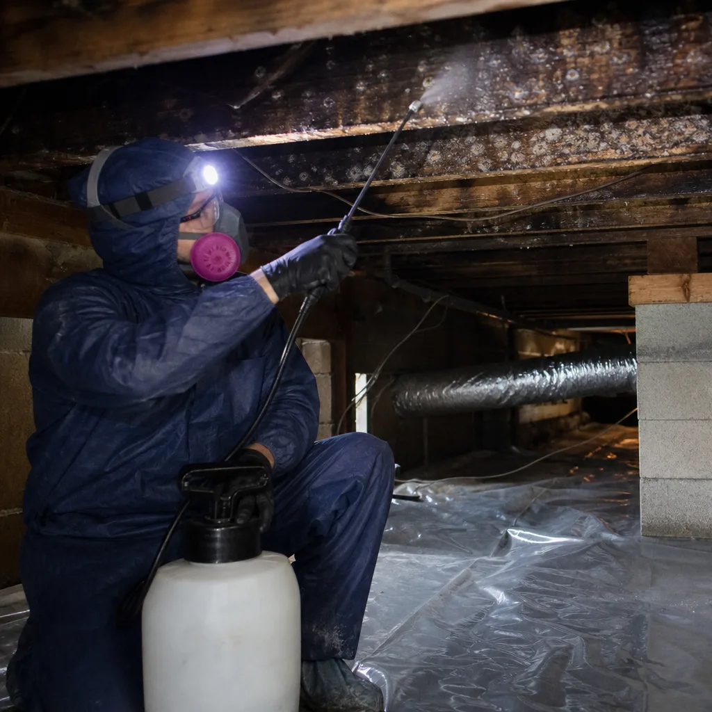 Mold remediation specialist applying antimicrobial treatment to crawl space joists.