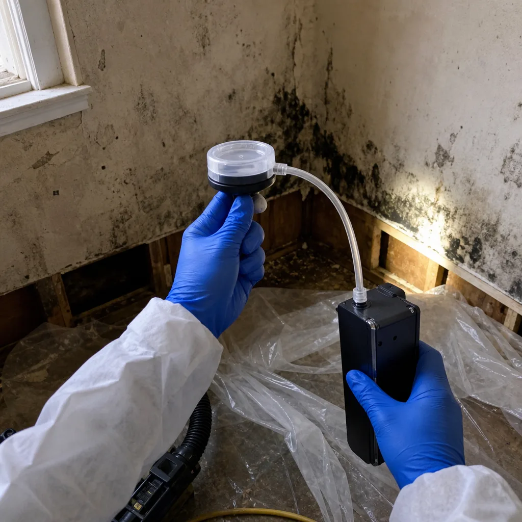 Professional performing indoor mold air quality testing with specialized equipment