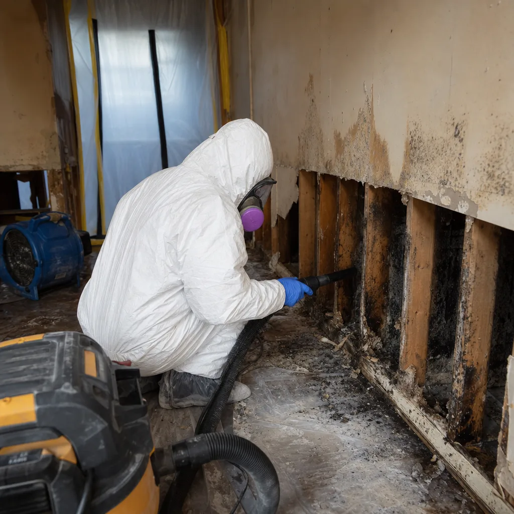 professional in hazmat suit performing mold remediation on damaged wall studs
