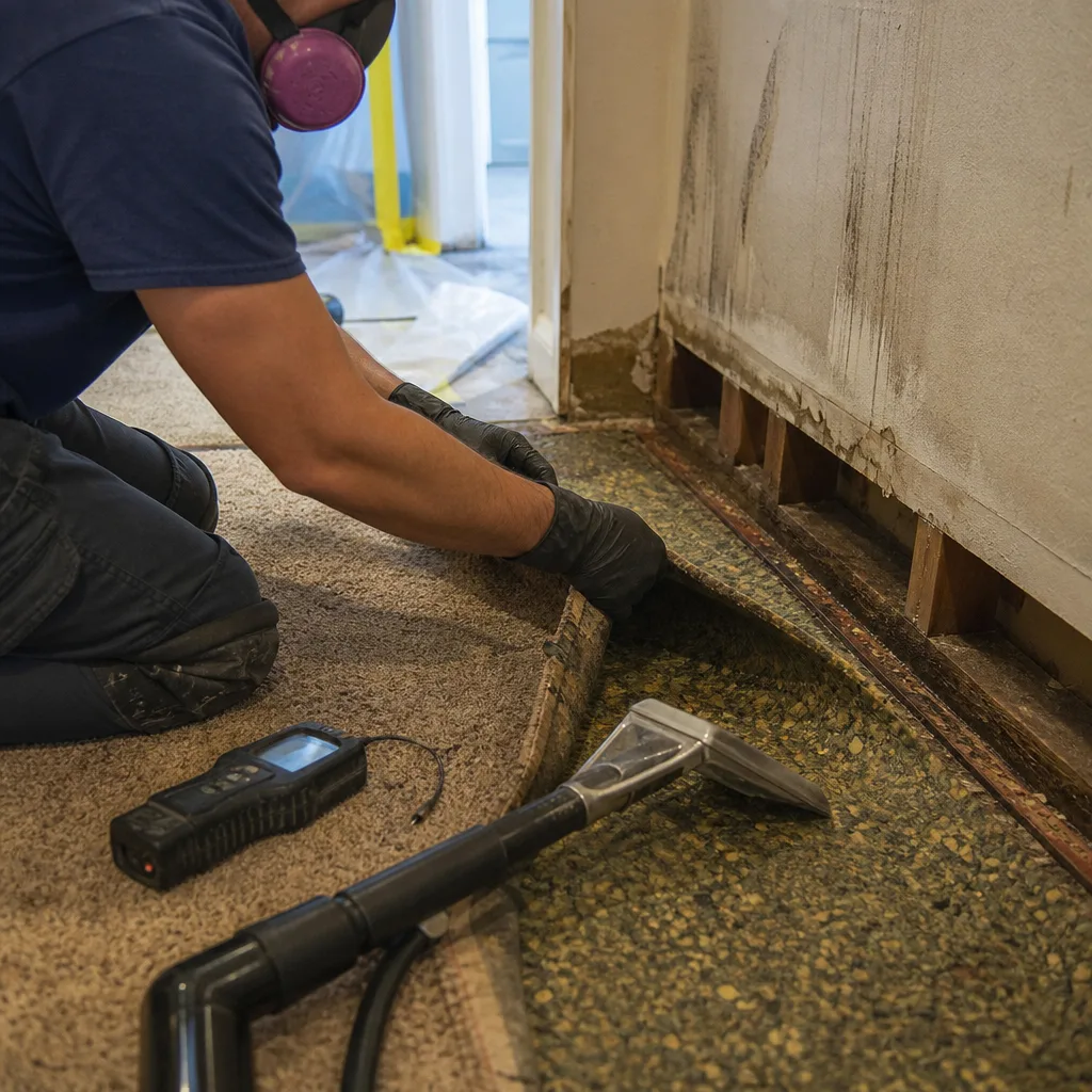 Technician performing professional water damage restoration on residential carpet and flooring