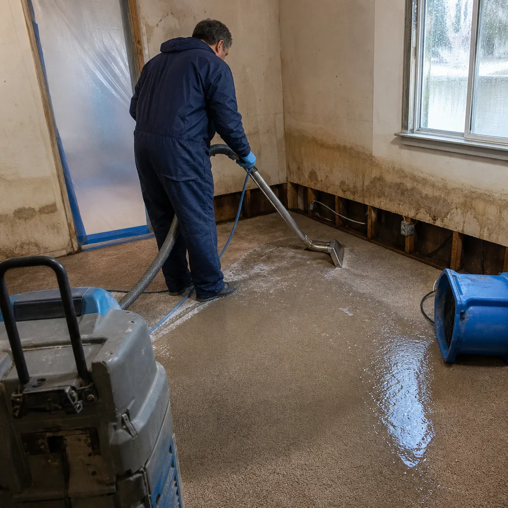 Technician performing professional water damage carpet extraction and flood restoration