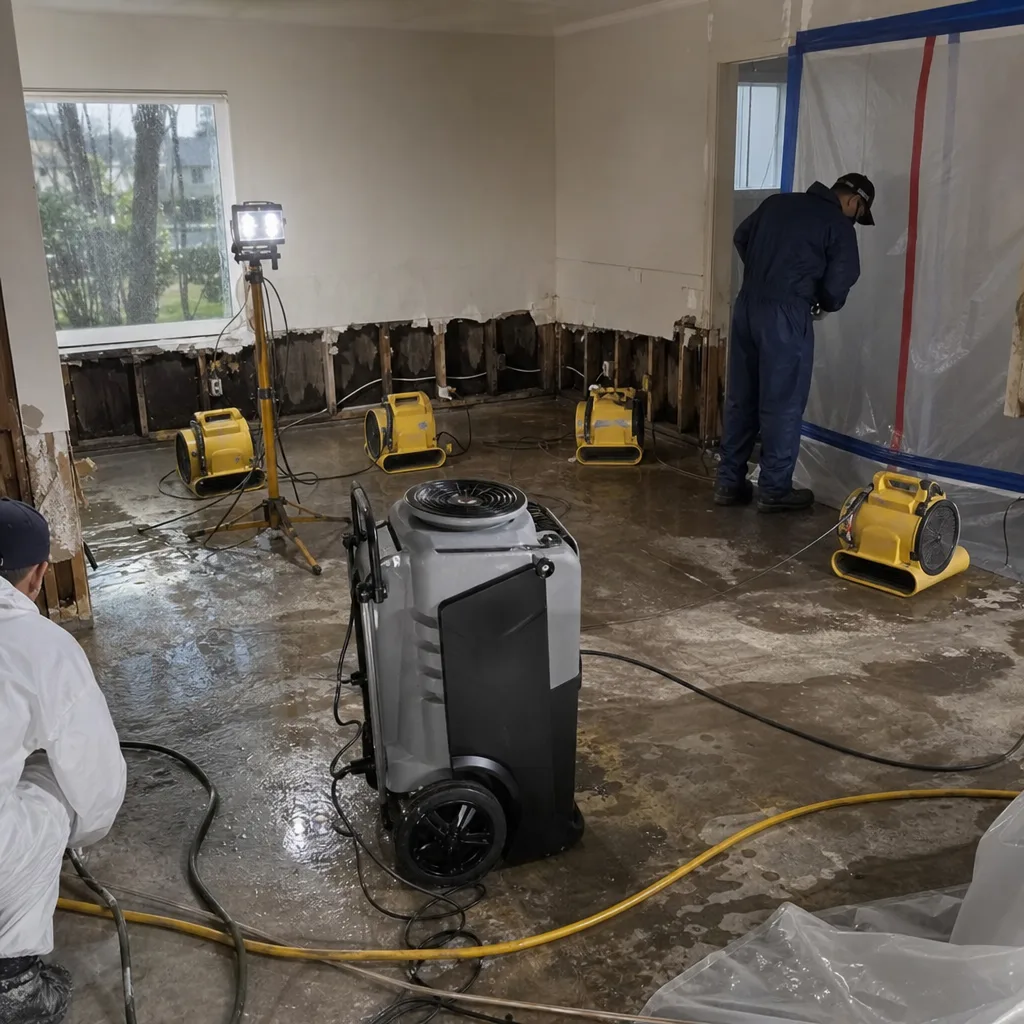 Water damage restoration technicians using professional drying equipment in a flooded home